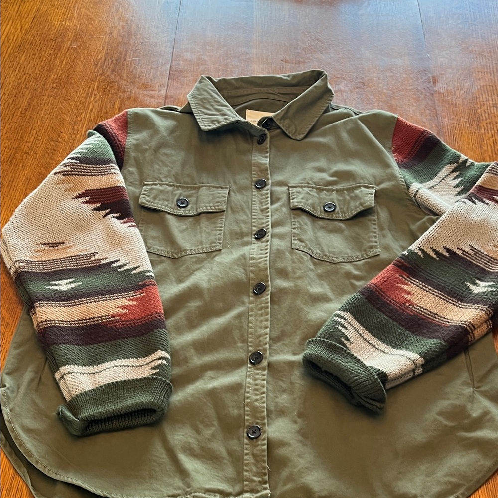 Thread & Supply Olive Green Jacket with Multicolor Southwestern Knit Sleeves